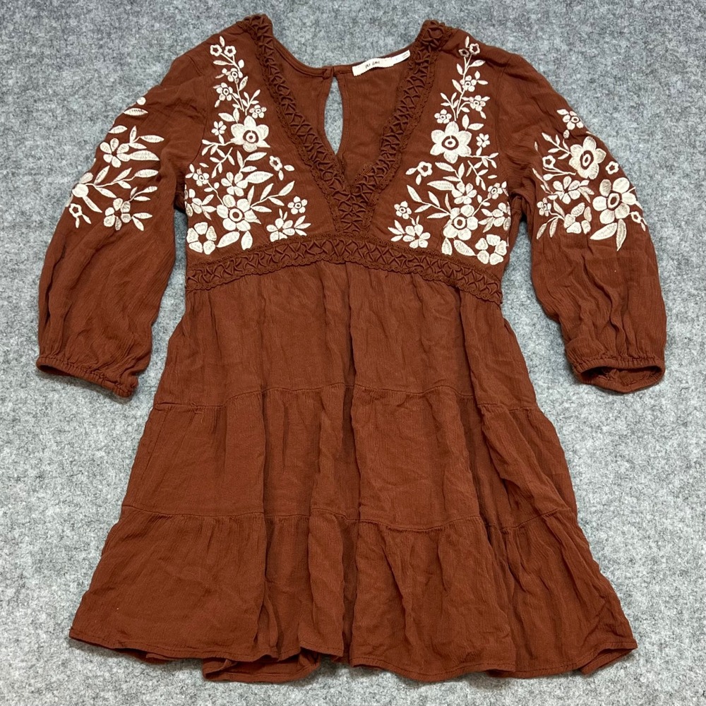 Mi Ami Rust Brown Floral Embroidered Boho Cottagecore Tiered Flowy Tunic Top XS